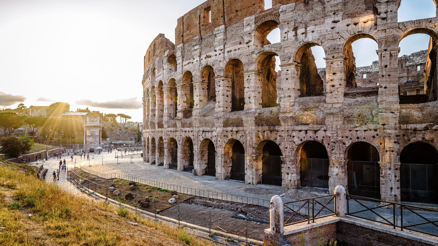 Outdoor view of The Colosseum or Coliseum, also known as the Flavian Amphitheatre. It is an oval amphitheatre in the centre of the city of Rome.